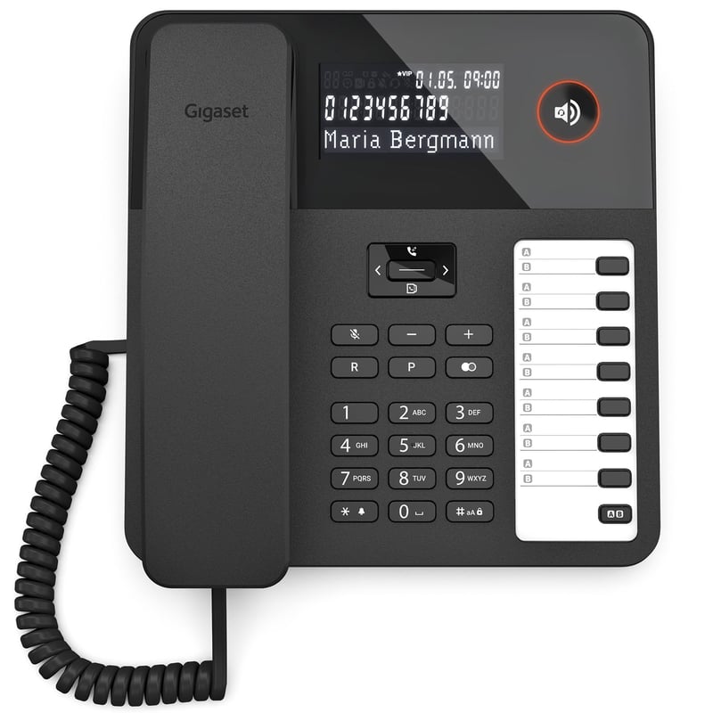 Gigaset Desk 600 káblový telefón – so 7 tlačidlami priamej voľby, veľkým LCD displejom, funkciou handsfree, 5-smerným navigačným tlačidlom – čierny