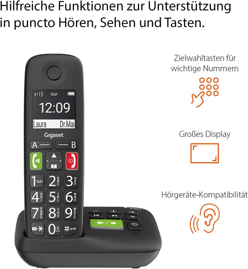 Gigaset E290A vezeték nélküli telefon nagy gombokkal és kijelzővel, fekete - 1 x phone with AB