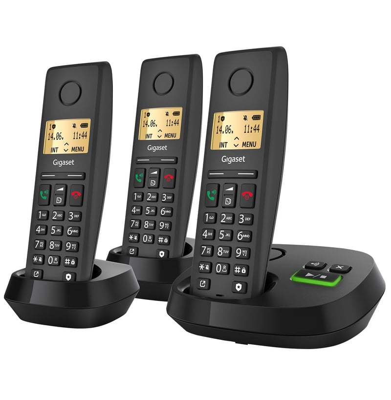 Súprava bezdrôtových telefónov Gigaset Pure 220A Trio DECT – 3 slúchadlá so záznamníkom, blokovaním hovorov a hlasitým odposluchom – 80 kontaktov – antracitová čierna
