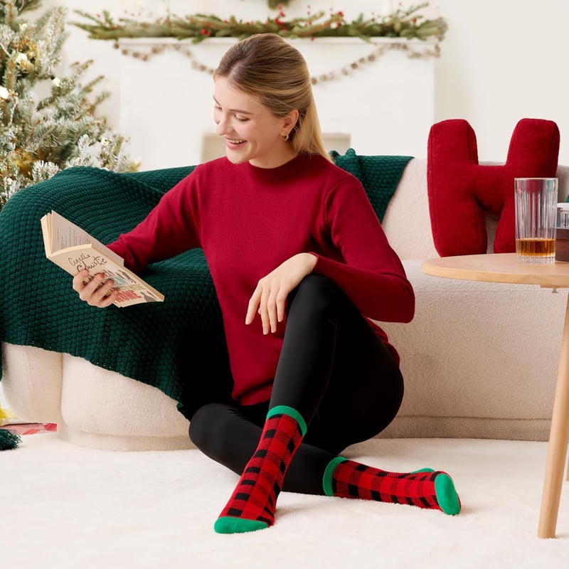 Giggling Getup 6 részes téli karácsonyi zokni szett női, meleg pamut kockás zokni