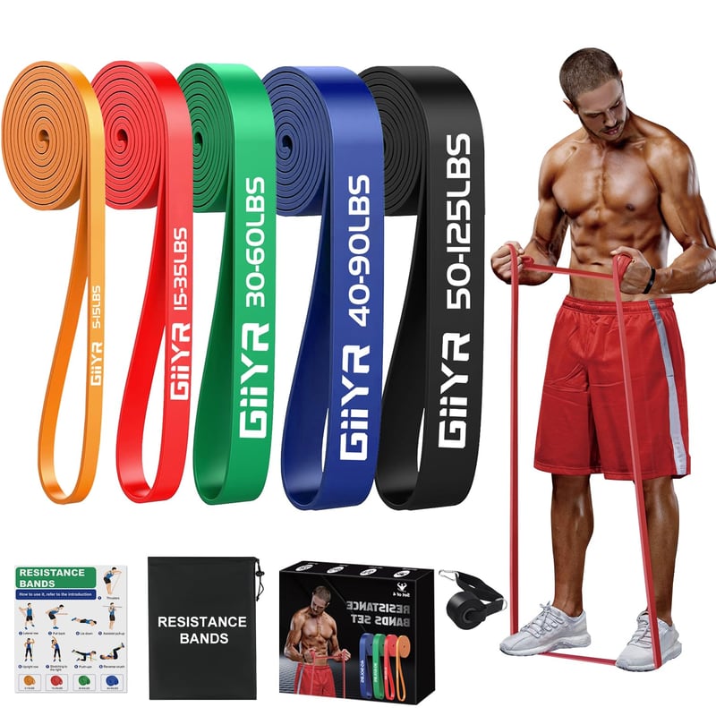 Sada odporových gúm Giiyr Fitness s 5 úrovňami (5 – 125 lbs), 5 ks cvičebných pásov pre mužov a ženy, na jogu, pilates, pomoc pri zhyboch, silový tréning