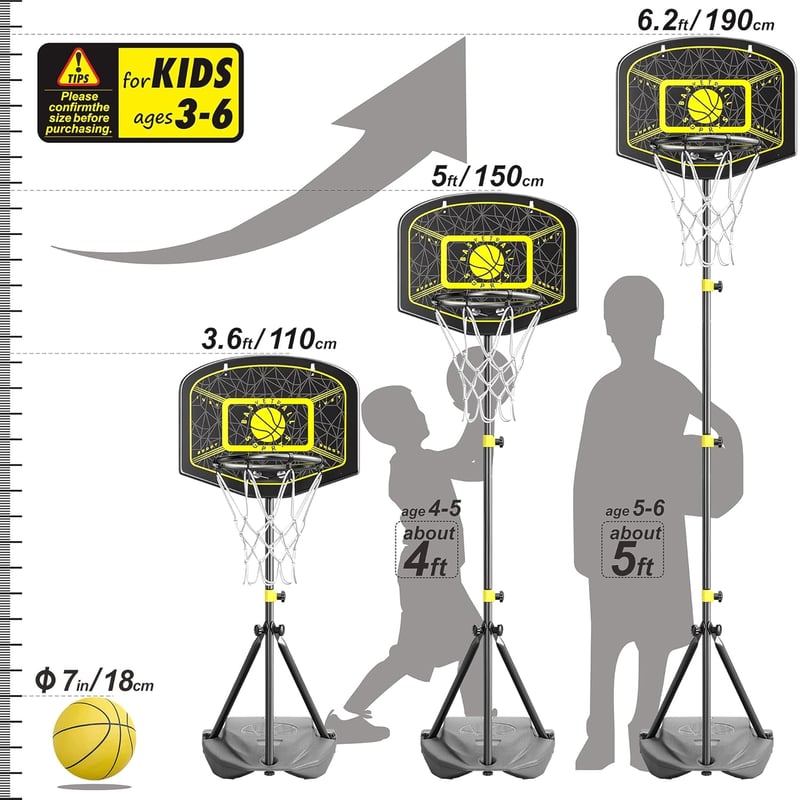 GILIKOKO Kosárlabda Palánk Állvánnyal - 110-190 cm Állítható Magasságú Gyerek Kosárpalánk Szett Beltéri és Kültéri Játékhoz 3-8 Éveseknek - Black / Yellow