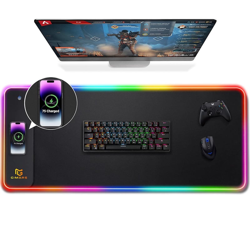 Herná podložka pod myš Gimars RGB XXL 800x300x4 mm, 15W bezdrôtové nabíjanie, 10 režimov LED osvetlenia, protišmyková gumová základňa, hladký povrch, pre PC a kanceláriu