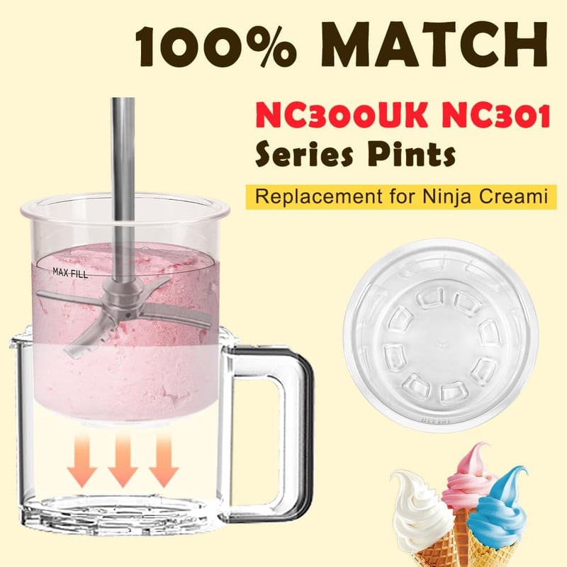 GINOYA Creami Tartály Ninja NC300EU-hoz, 4 darabos Fagylalt Készítő Pohár Szett Színes (Szürke, Kék, Rózsaszín, Zöld) NC301EU Kompatibilis