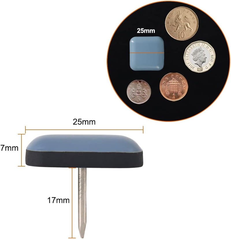 GINOYA Teflonos Bútor Csúsztatók, 25mm Négyzet Alakú, 20 db Szöggel - Szőnyegen, Fán és Csempén Könnyű Mozgatáshoz (Szürke-Kék)