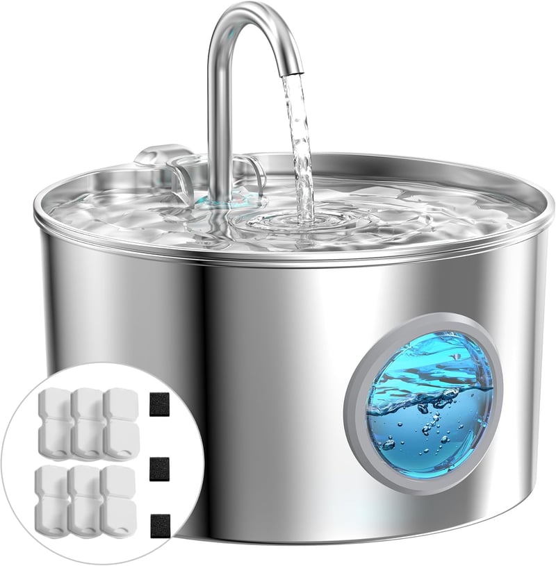 GIOTOHUN Macska Ivófontána Rozsdamentes Acél 2.2L Csendes Vízcsap Friss Víz 6 Szűrő - Cat fountain 2.2 L + 6 filters + 3 sponges