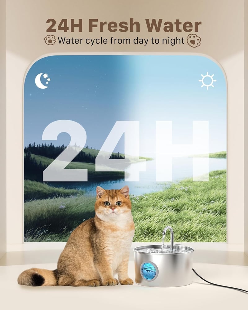 GIOTOHUN Macska Ivófontána Rozsdamentes Acél 2.2L Csendes Vízcsap Friss Víz 6 Szűrő - Cat fountain 2.2 L + 6 filters + 3 sponges