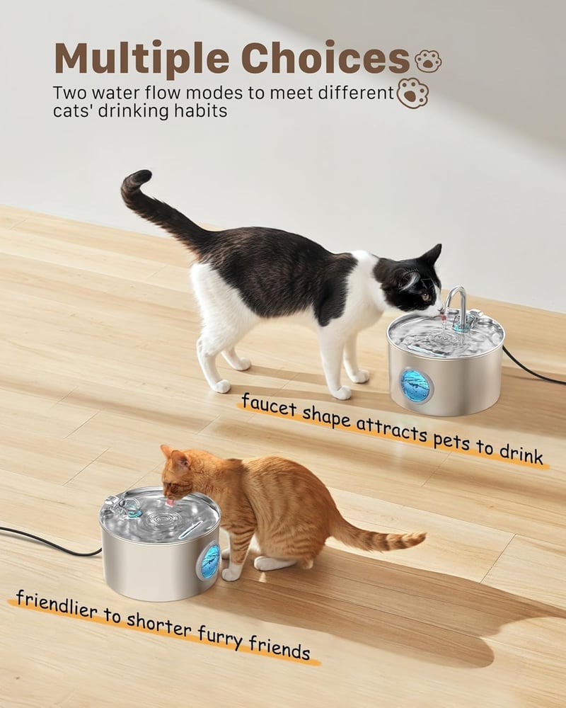 GIOTOHUN Macska Ivófontána Rozsdamentes Acél 2.2L Csendes Vízcsap Friss Víz 6 Szűrő - Cat fountain 2.2 L + 6 filters + 3 sponges