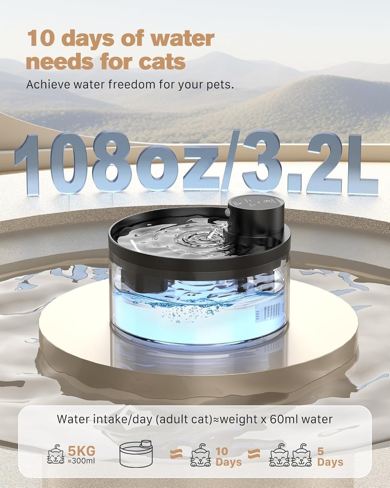 GIOTOHUN Vezeték nélküli macska ivófontána 3,2L mozgásérzékelővel és szűrőkkel - Cat fountain with 6 carbon filters + 3 sponge