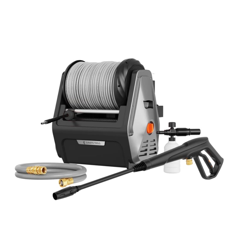 Nástenný vysokotlakový čistič Giraffe Tools Big Pump 2v1, 1800W, 2400 PSI, s 30m hadicou – sivý