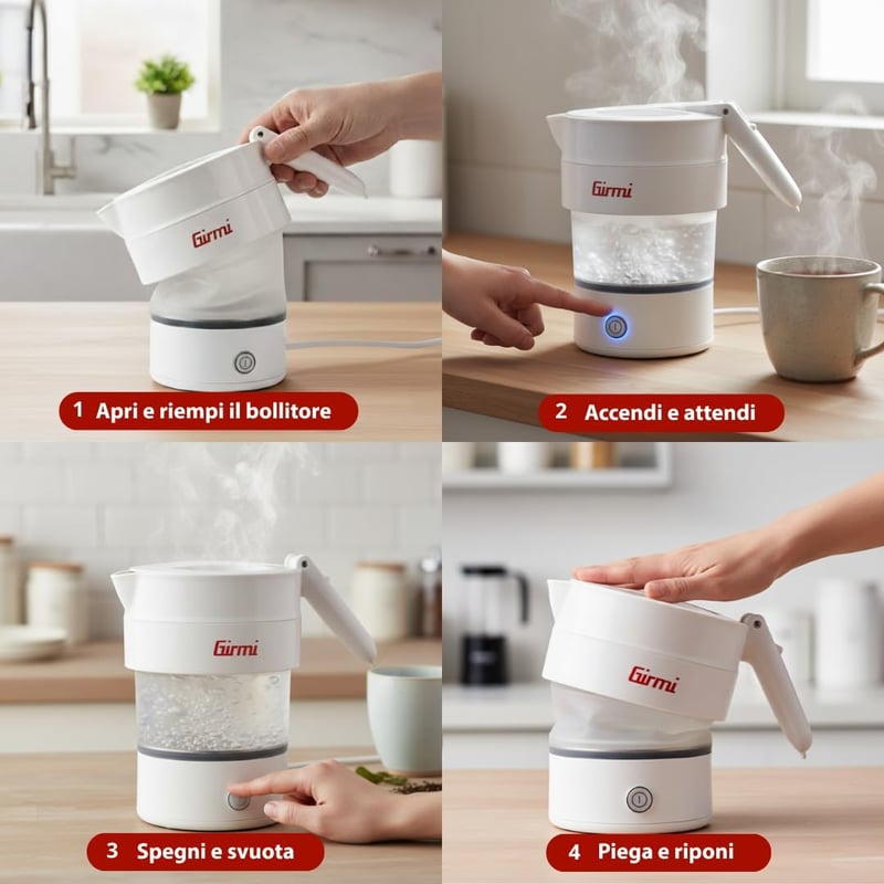 Girmi BL03 összecsukható utazó vízforraló szilikon 0,6L 600W BPA mentes
