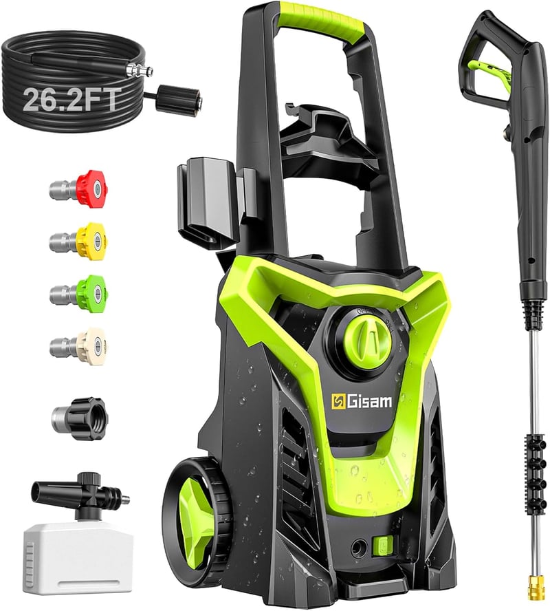 Gisam 2200W 180 bar magasnyomású mosó 480 L/h, 8m tömlővel és kiegészítőkkel
