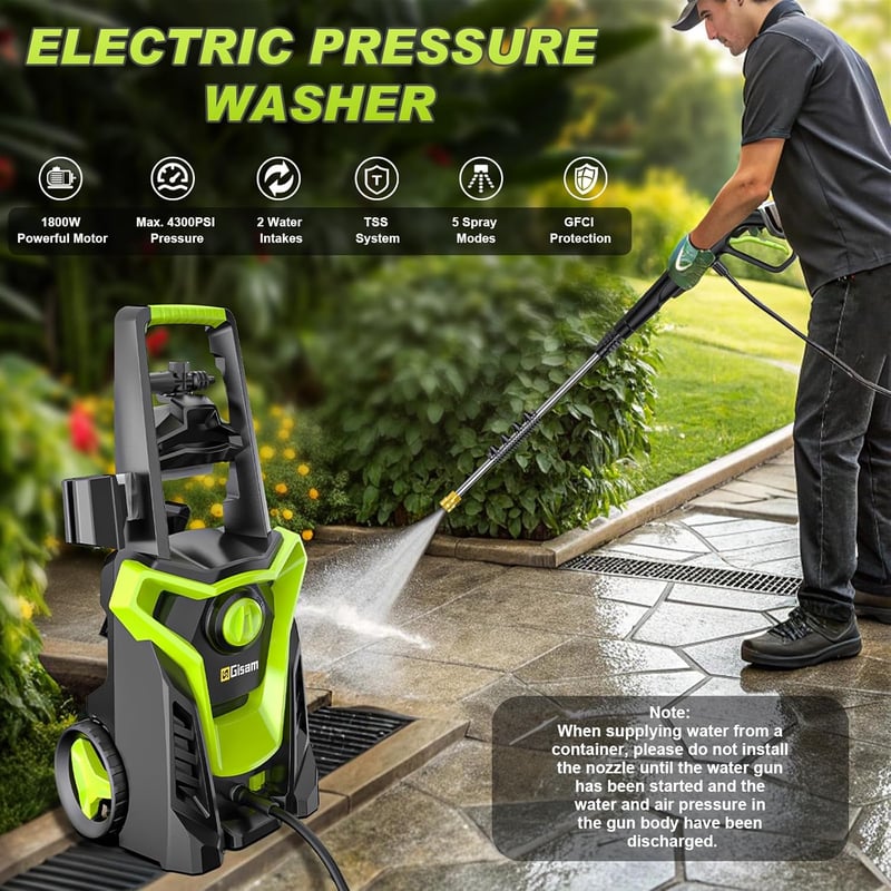 Gisam 2200W 180 bar magasnyomású mosó 480 L/h, 8m tömlővel és kiegészítőkkel