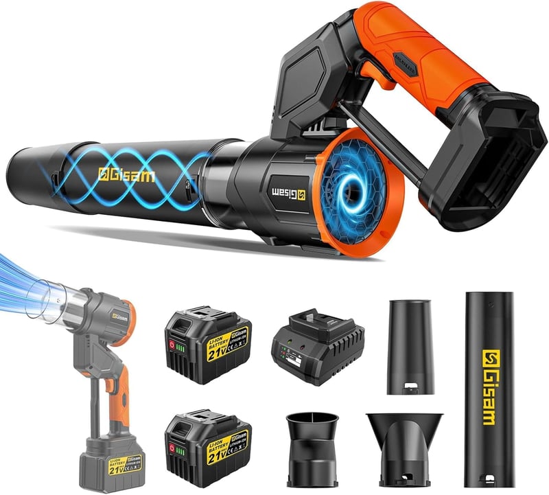 Gisam Akkumulátoros Lombfúvó, 2-in-1 Kefementes Motor, 2×6.0Ah Akkumulátor, 3 Sebességfokozat, 800000 RPM, 850m³/h Légáram, Függőleges-Vízsz