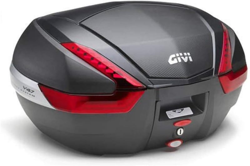 Givi V47 Monokey Motorkerékpár Hátsó Doboz 46L - Karbon Hatású Keret, Piros Fényvisszaverők, Kompatibilis Givi és SW-Motech Rendszerekkel