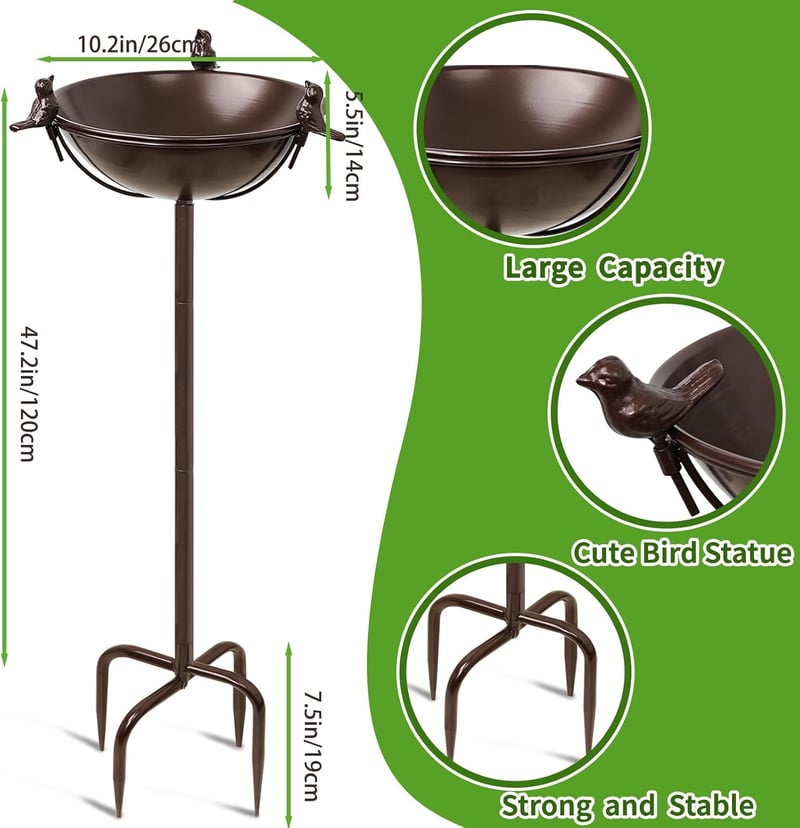 Giyiprpi madárfürdő kerti állvány 147cm, 3 madárszobor, vízadagoló tál, barna