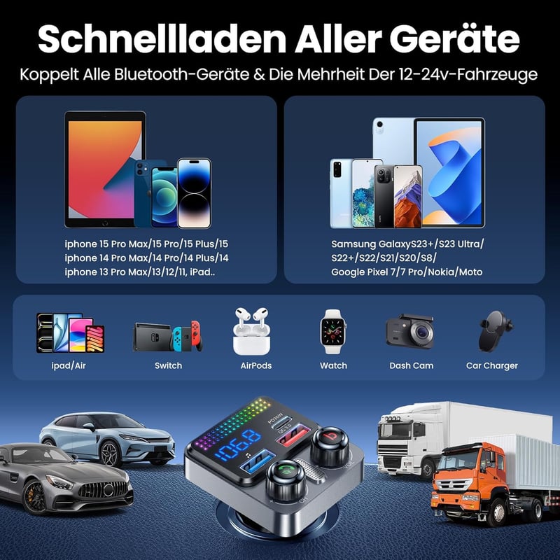 GizmoVine Bluetooth 5.4 FM Transmitter 48W Autós Töltő 3 Porttal PD30W QC3.0