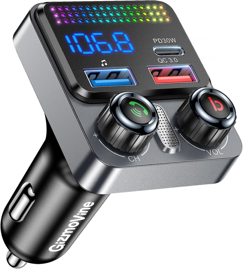GizmoVine Bluetooth 5.4 FM Transmitter 48W Autós Töltő 3 Porttal PD30W QC3.0