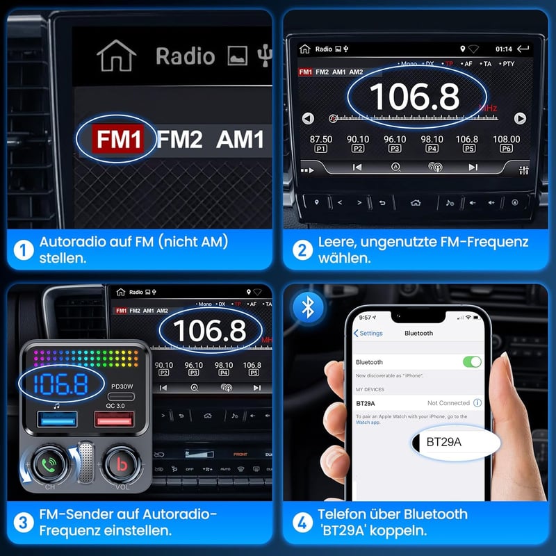 GizmoVine Bluetooth 5.4 FM Transmitter 48W Autós Töltő 3 Porttal PD30W QC3.0