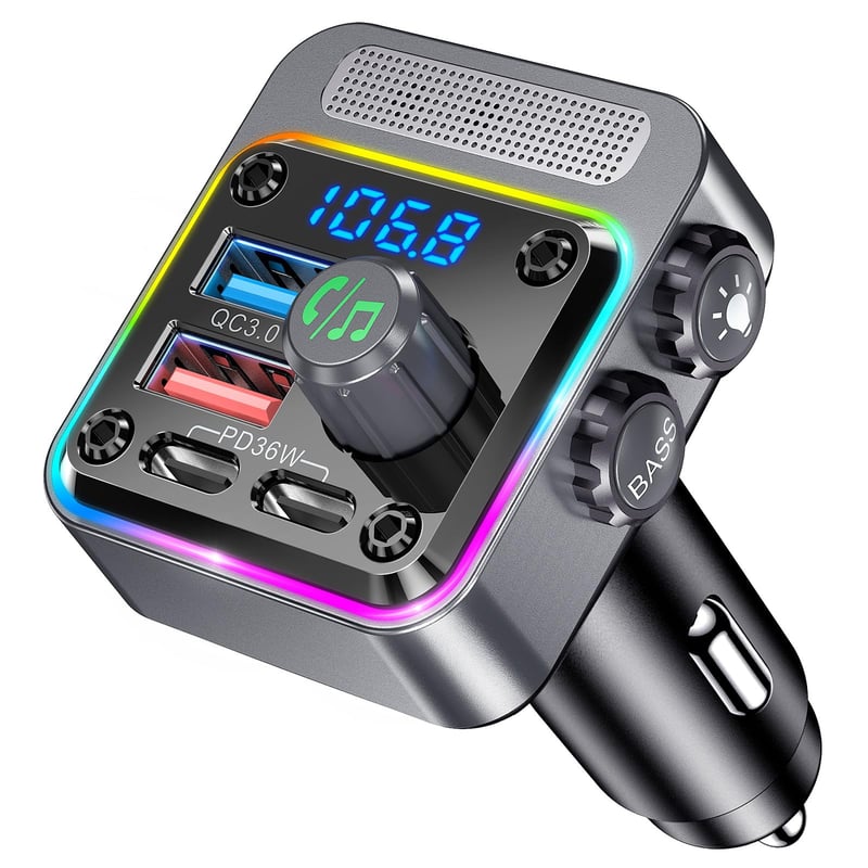 Bluetooth FM vysielač do auta GizmoVine, Bluetooth 5.3 adaptér, zvýraznenie basov, rýchlonabíjačka PD 36W QC 3.0 18W, mikrofón s potlačením hluku, do autozapaľovača