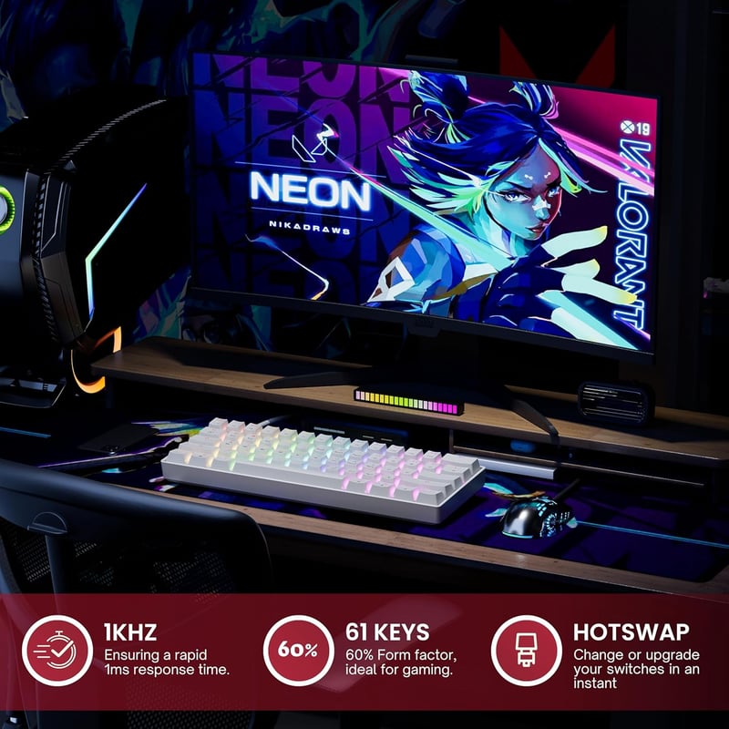 GK61 61 Gombos Mechanikus Gaming Billentyűzet RGB LED Háttérvilágítással - Gateron Optical Yellow, White