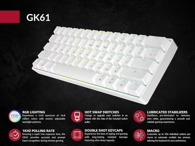 GK61 61 Gombos Mechanikus Gaming Billentyűzet RGB LED Háttérvilágítással - Gateron Optical Yellow, White