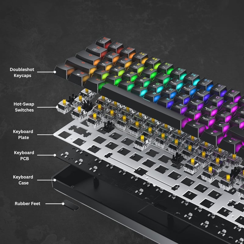 GK61 61 Gombos Mechanikus Gaming Billentyűzet RGB LED Háttérvilágítással - Gateron Optical Yellow, White