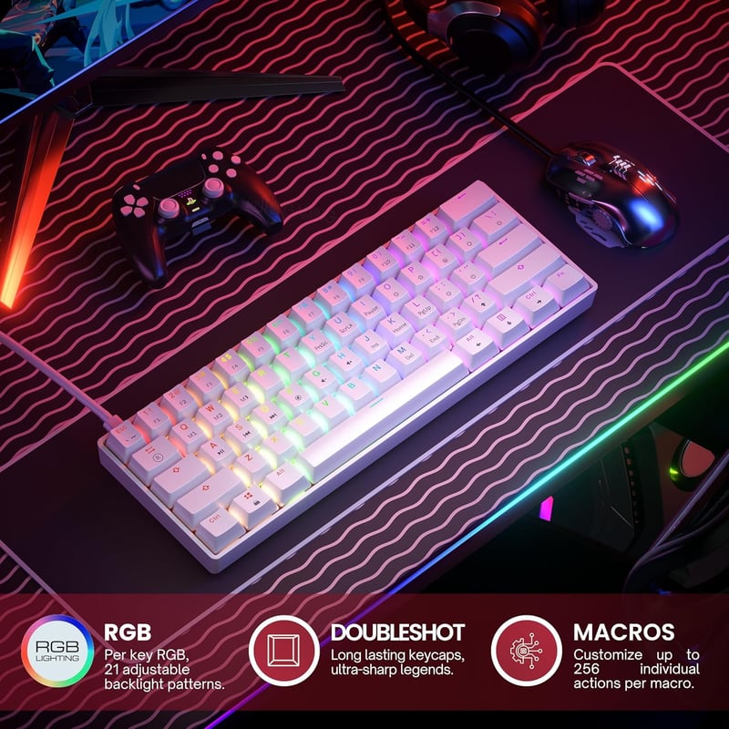 GK61 61 Gombos Mechanikus Gaming Billentyűzet RGB LED Háttérvilágítással - Gateron Optical Yellow, White