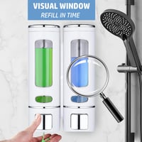 GKSCXEXE Nástenný dávkovač mydla bez vŕtania, lepená montáž, 2 x 400 ml dávkovač na šampón a sprchový gél, biely do kúpeľne 6
