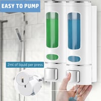 GKSCXEXE Nástenný dávkovač mydla bez vŕtania, lepená montáž, 2 x 400 ml dávkovač na šampón a sprchový gél, biely do kúpeľne 3
