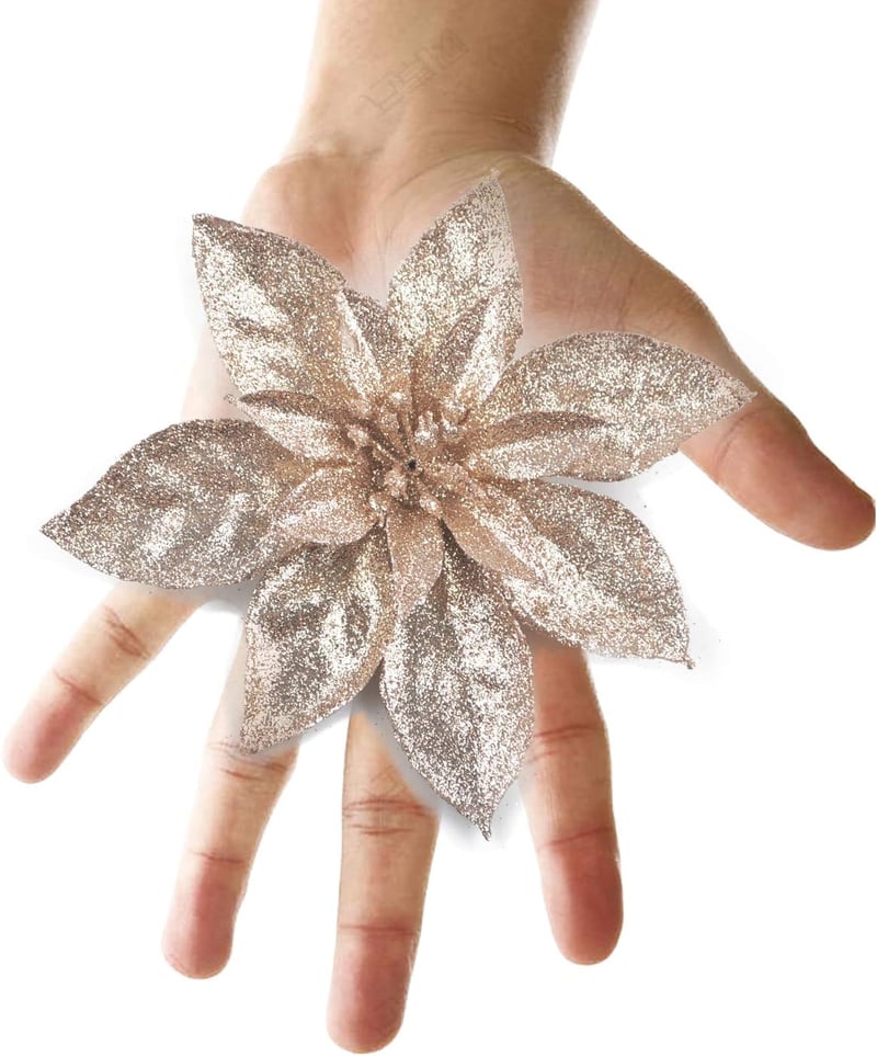 GL-Turelifes 12 db Csillogó Mikulásvirág (16 cm) Csipeszekkel - Művirág Karácsonyfadísz Dekoráció Karácsonyfa Díszítéshez - Pezsgő Színben