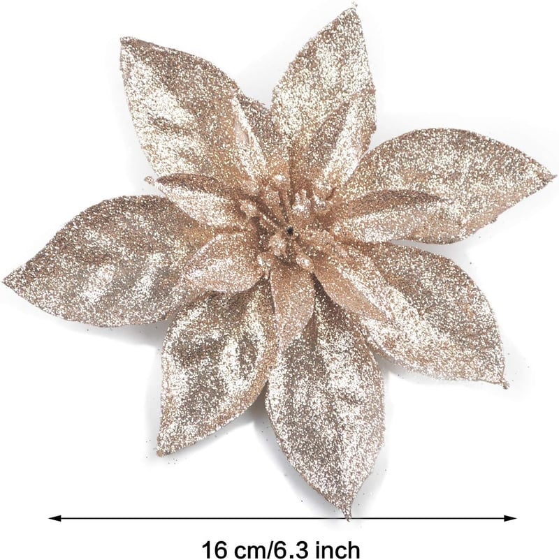GL-Turelifes 12 db Csillogó Mikulásvirág (16 cm) Csipeszekkel - Művirág Karácsonyfadísz Dekoráció Karácsonyfa Díszítéshez - Pezsgő Színben