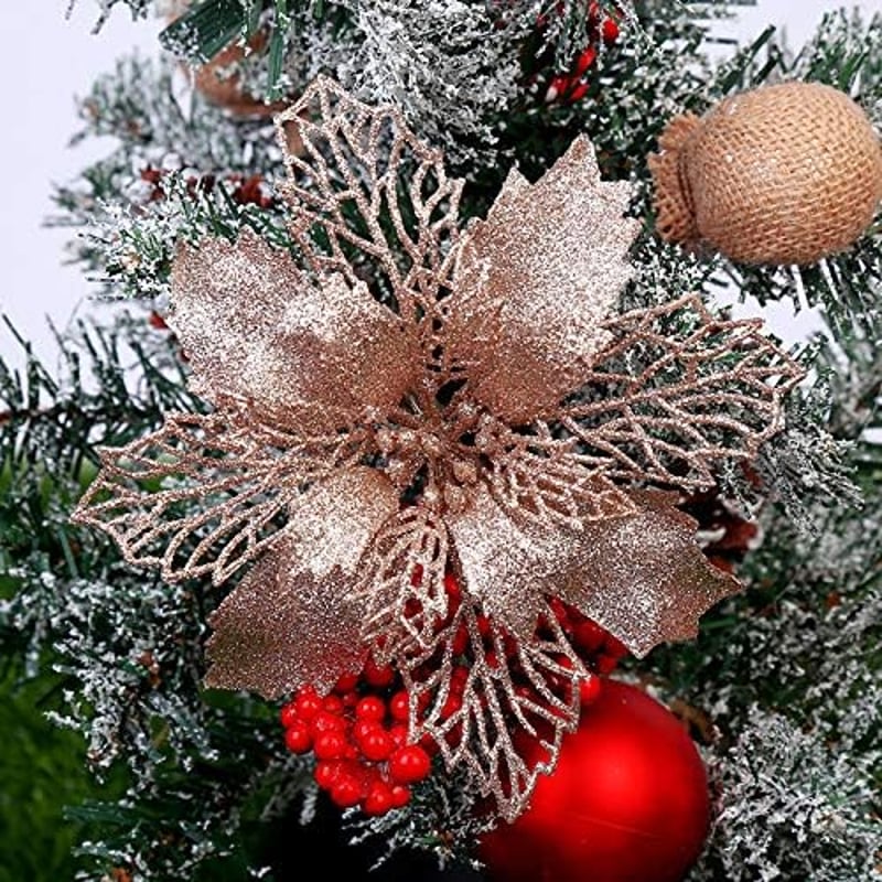GL-Turelifes Csillogó Mikulásvirág Dekoráció 16 cm - Rózsaarany Művirág Karácsonyfa Díszítéshez, 12 db Zöld Szárakkal