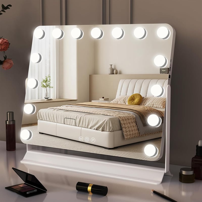 GlamView Sminktükör 58x53 cm - Hollywood Tükör 15 LED-del, 360° Forgatható, 3 Fényszín, Állítható Fényerő, USB és USB-C Csatlakozó, Érintésv