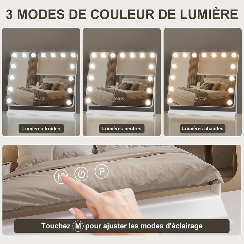 GlamView Sminktükör 58x53 cm - Hollywood Tükör 15 LED-del, 360° Forgatható, 3 Fényszín, Állítható Fényerő, USB és USB-C Csatlakozó, Érintésv