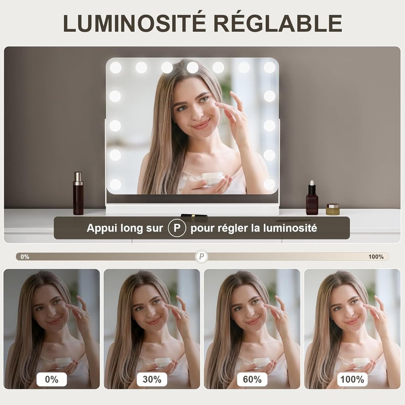 GlamView Sminktükör 58x53 cm - Hollywood Tükör 15 LED-del, 360° Forgatható, 3 Fényszín, Állítható Fényerő, USB és USB-C Csatlakozó, Érintésv