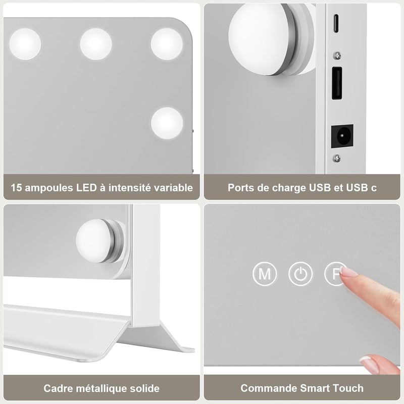 GlamView Sminktükör 58x53 cm - Hollywood Tükör 15 LED-del, 360° Forgatható, 3 Fényszín, Állítható Fényerő, USB és USB-C Csatlakozó, Érintésv