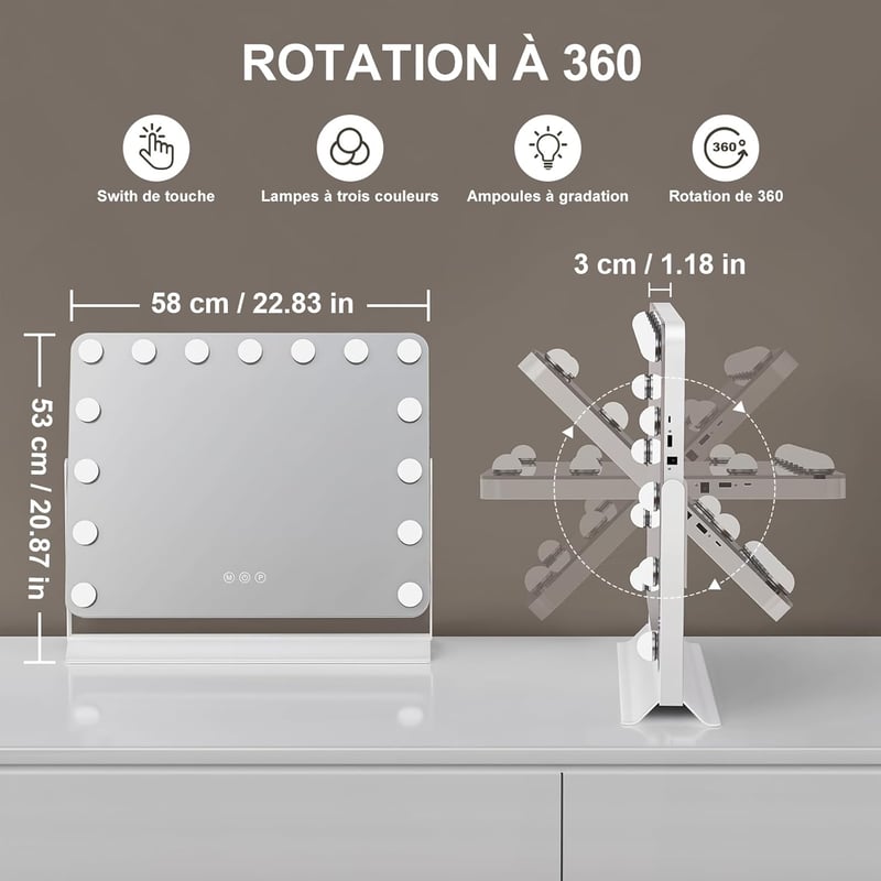 GlamView Sminktükör 58x53 cm - Hollywood Tükör 15 LED-del, 360° Forgatható, 3 Fényszín, Állítható Fényerő, USB és USB-C Csatlakozó, Érintésv