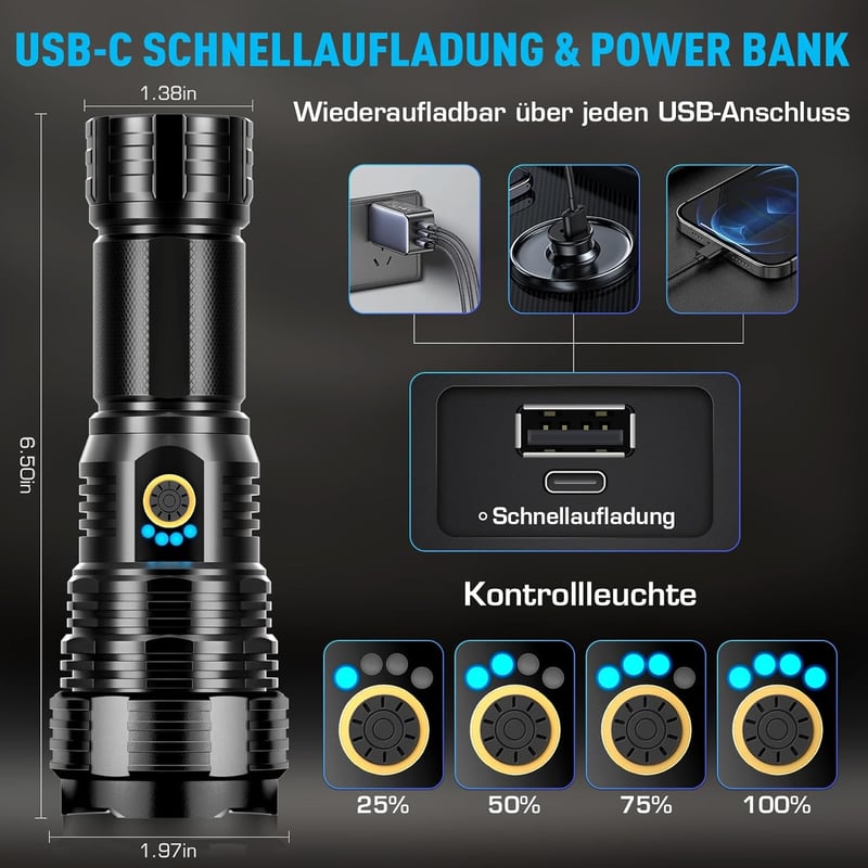 Glarylight XHP70.2 LED Zseblámpa 600000 Lumen USB Töltős Vízálló Zoom