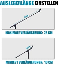 GLEAM Háromlábú Mikrofon Állvány Gémkarral - Könnyű Mikrofonokhoz (0,5 kg-ig) - Hordtáskával és 2 Mikrofoncsipesszel - Állítható Magasság 17 3