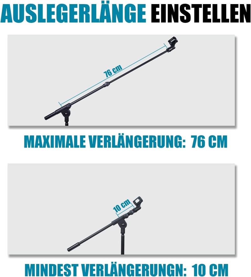 GLEAM Háromlábú Mikrofon Állvány Gémkarral - Könnyű Mikrofonokhoz (0,5 kg-ig) - Hordtáskával és 2 Mikrofoncsipesszel - Állítható Magasság 17