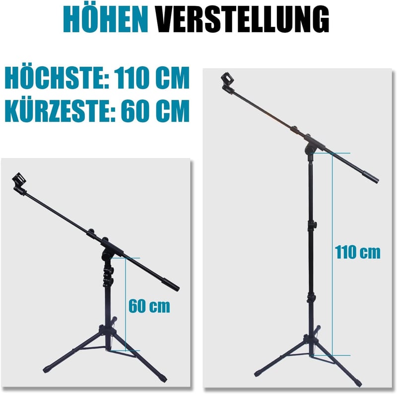 GLEAM Háromlábú Mikrofon Állvány Gémkarral - Könnyű Mikrofonokhoz (0,5 kg-ig) - Hordtáskával és 2 Mikrofoncsipesszel - Állítható Magasság 17