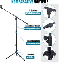 GLEAM Háromlábú Mikrofon Állvány Gémkarral - Könnyű Mikrofonokhoz (0,5 kg-ig) - Hordtáskával és 2 Mikrofoncsipesszel - Állítható Magasság 17 2
