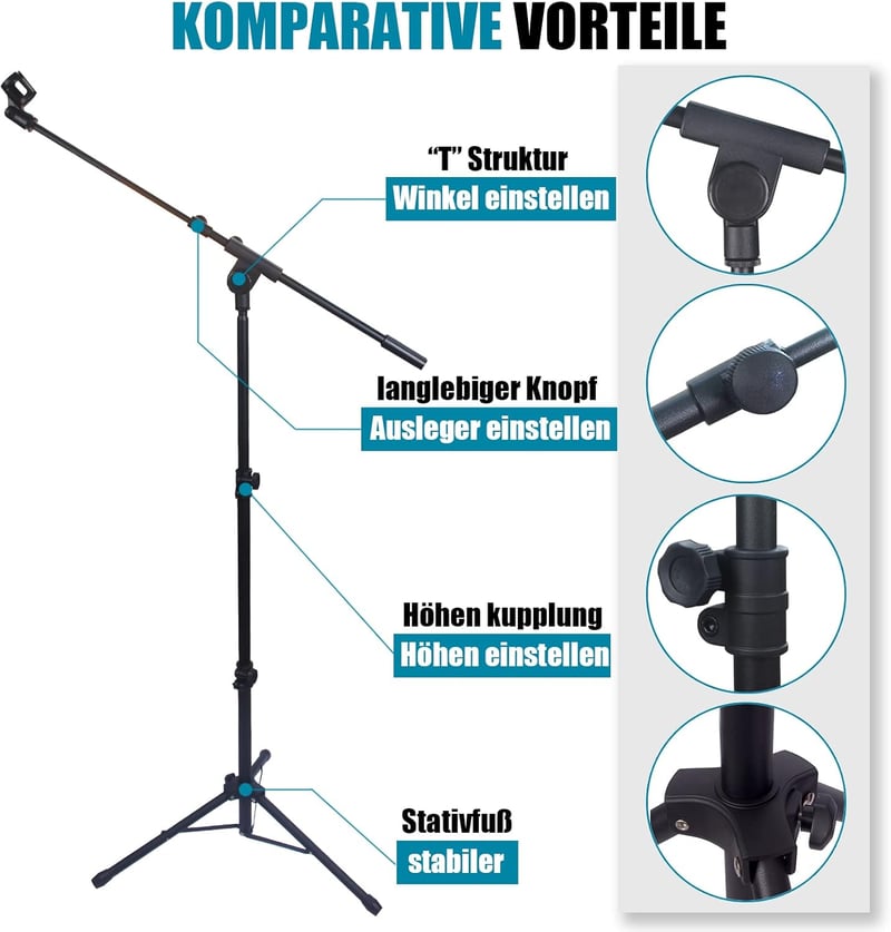 GLEAM Háromlábú Mikrofon Állvány Gémkarral - Könnyű Mikrofonokhoz (0,5 kg-ig) - Hordtáskával és 2 Mikrofoncsipesszel - Állítható Magasság 17