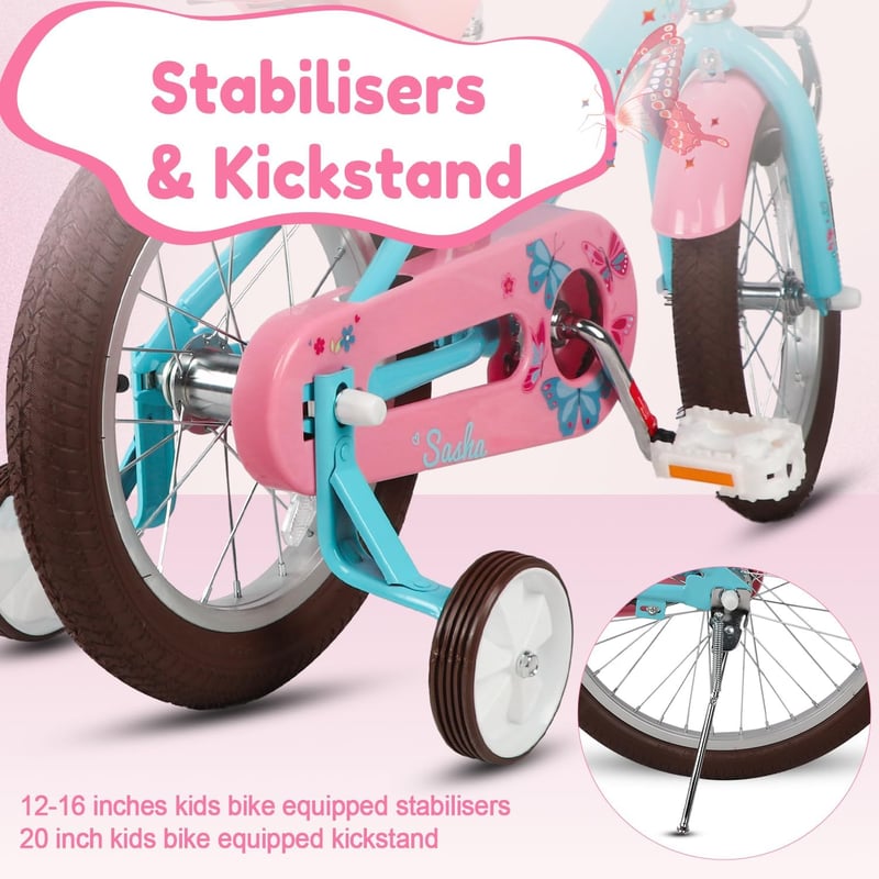 Glerc Sasha 12 14 16 20 Zoll lány gyermek retro bicikli babakocsiüléssel kitámasztó kerekekkel világoskék rózsaszín