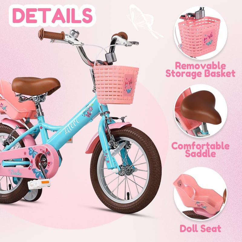 Glerc Sasha 12 14 16 20 Zoll lány gyermek retro bicikli babakocsiüléssel kitámasztó kerekekkel világoskék rózsaszín