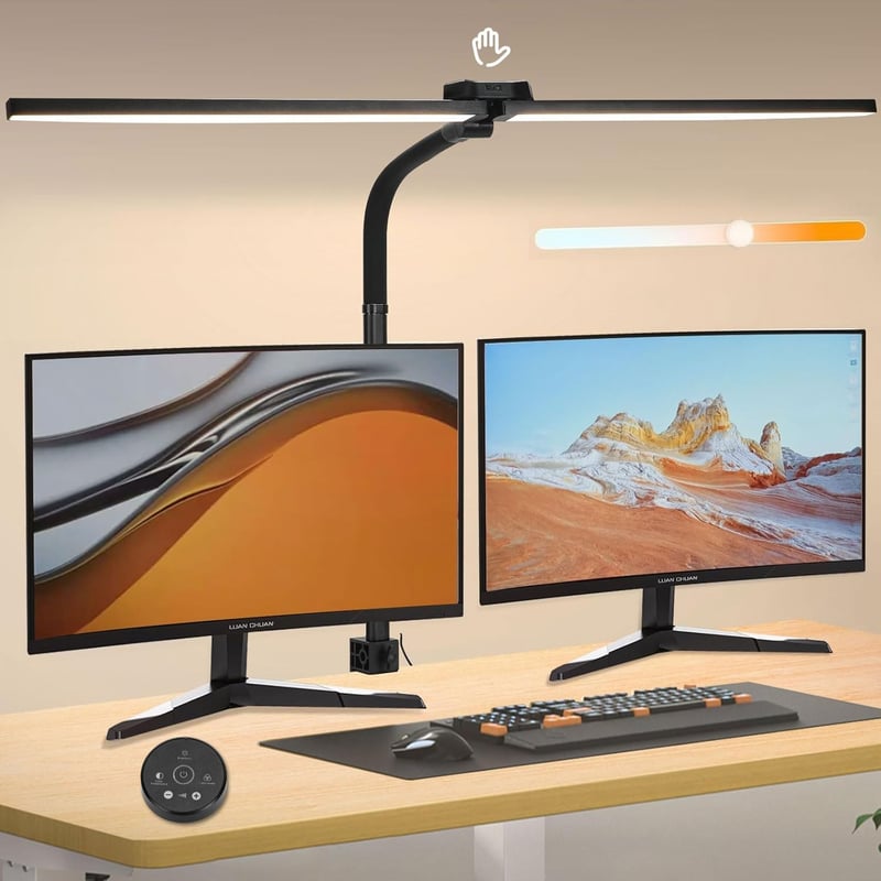 Glighone Dupla Fejű LED Íróasztallámpa 24W 80cm - Állítható Fényerő, Hajlítható Nyak, Szemvédő Nappali Fény, Távirányítóval, Csíptethető (Fe