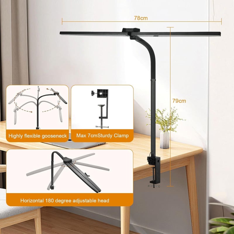 Glighone Dupla Fejű LED Íróasztallámpa 24W 80cm - Állítható Fényerő, Hajlítható Nyak, Szemvédő Nappali Fény, Távirányítóval, Csíptethető (Fe