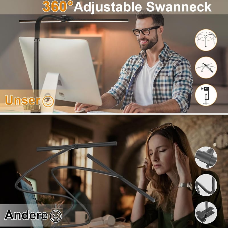 Glighone Dupla Fejű LED Íróasztallámpa 24W 80cm - Állítható Fényerő, Hajlítható Nyak, Szemvédő Nappali Fény, Távirányítóval, Csíptethető (Fe