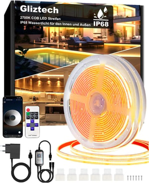 Bandă LED COB Gliztech 30 m 2x15 m IP68 rezistentă la apă 24 V 2700 K alb cald autoadezivă pentru exterior cu alimentare, aplicație și telecomandă pentru streșini și piscine